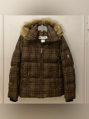 New Y2K COLUMBIA Brown Plaid Puffer Puffy Down Jacket Coat Faux Fur Snap Hood S